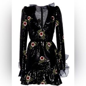 Elegant Black Sequin Floral Dress with Long Sleeves